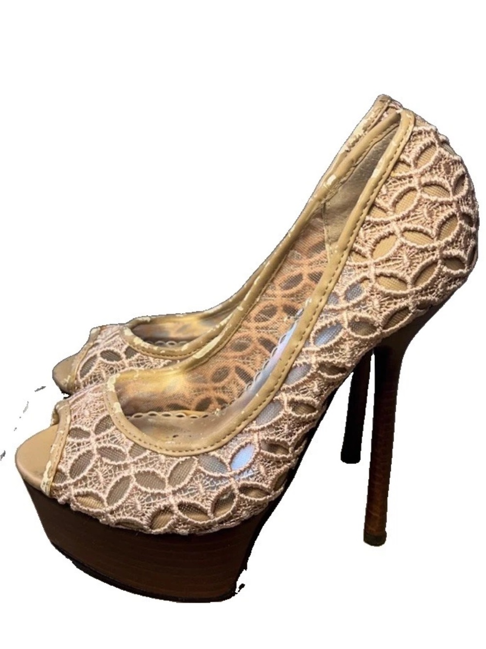 Vintage Bebe Chantal Natural Beige Lace Heels 6